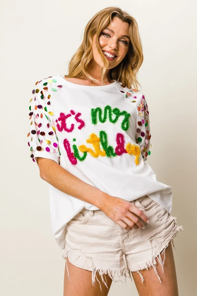 Image of BiBi Metallic Letter Spangle Raglan Puff Sleeve Top | Queeble.shop