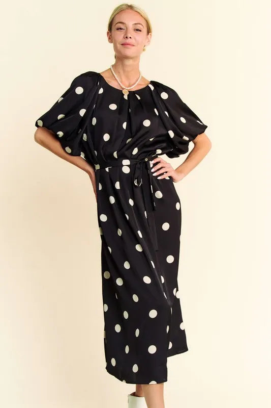 Image of Davi & Dani Polka Dot Puff Sleeves Waist Tie Midi Dress | Queeble.shop