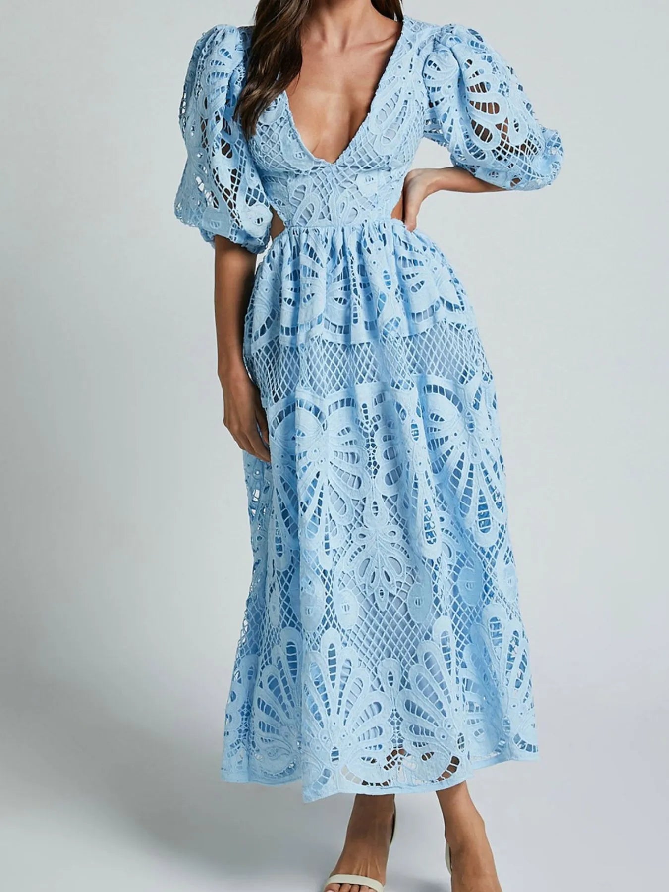 Image of Cutout Back Lace Crochet V-Neck Dress | Queeble.shop