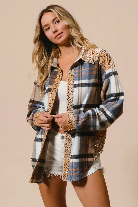 Image of BiBi Curved Hem Sequin Plaid Button Up Shacket | Queeble.shop