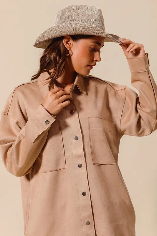 Image of SO ME Faux Sued Snap Shacket with Collar and Pockets | Queeble.shop