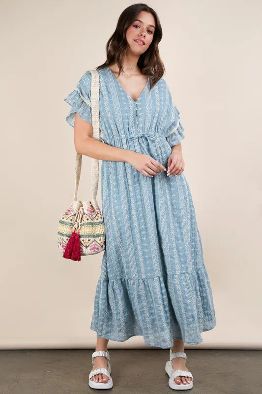 Image of VERY J Embroidered Boho Ruffled Midi Dress | Queeble.shop