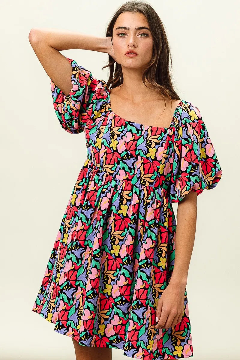 Image of BiBi Floral Print Puff Square Neck Dress | Queeble.shop