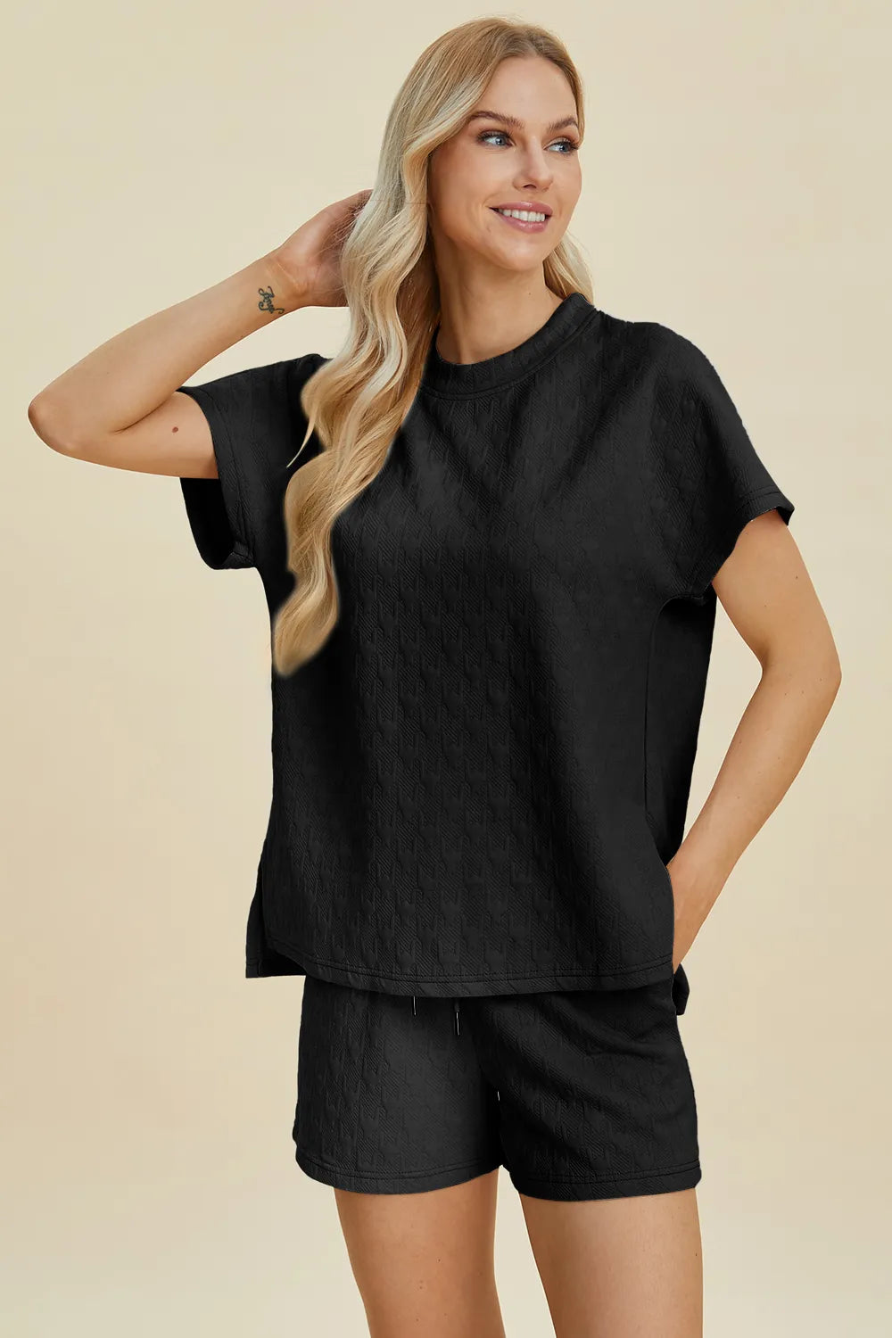 Image of Double Take Full Size Texture Round Neck Short Sleeve Top and Shorts Set | Queeble.shop