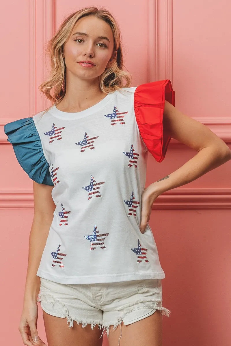 Image of BiBi American Flag Sequin Stars Top | Queeble.shop