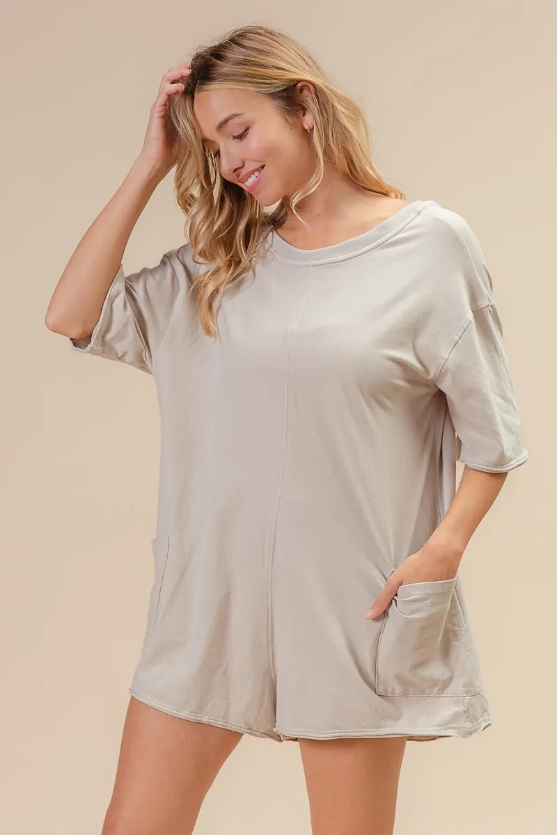 Image of BiBi Short Sleeve Back Open Washed Romper | Queeble.shop