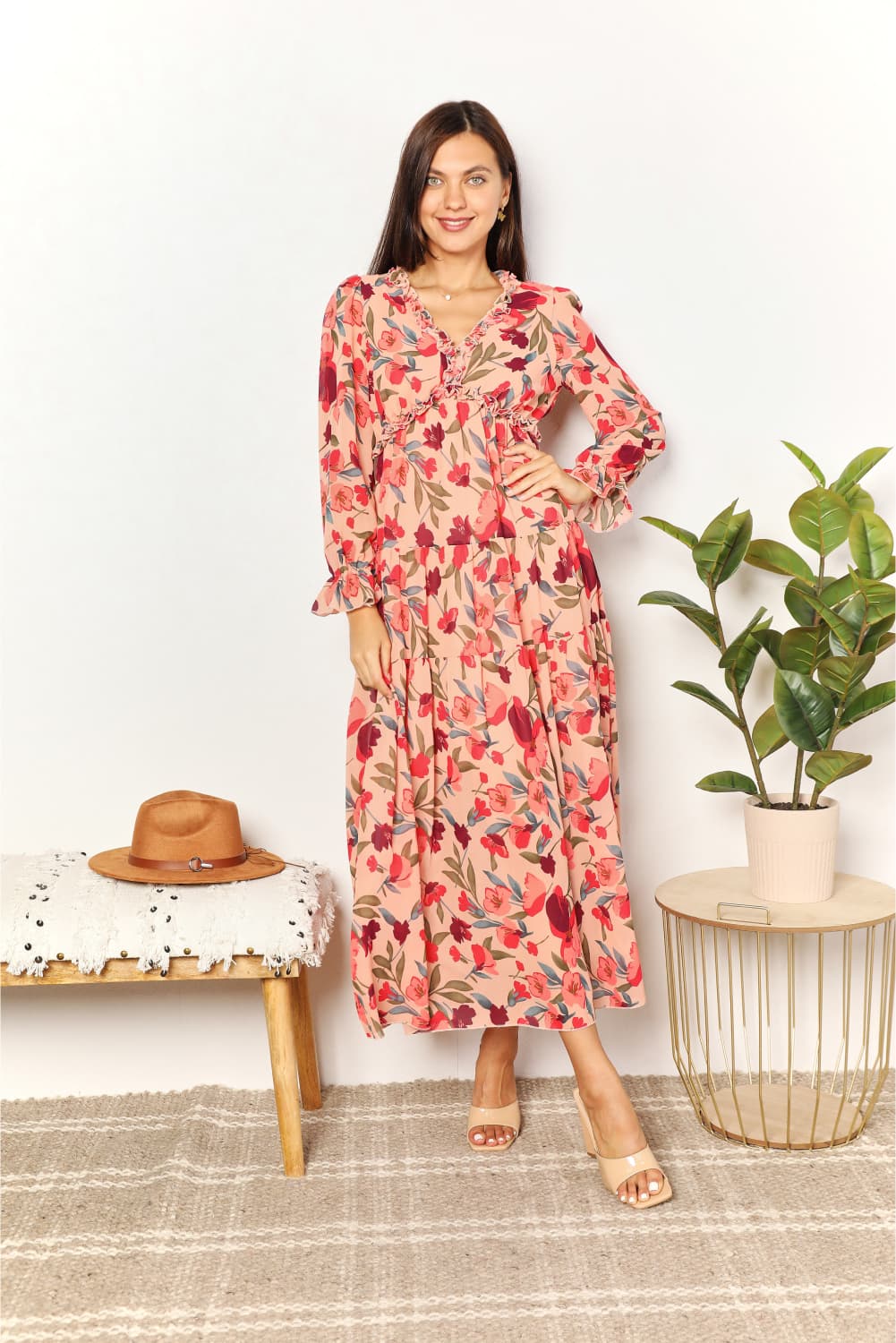 Image of Double Take Floral Frill Trim Flounce Sleeve Plunge Maxi Dress | Queeble.shop