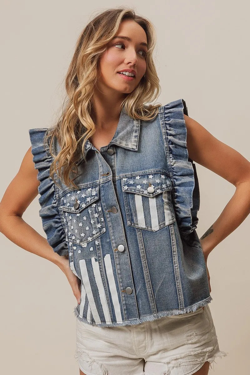 Image of BiBi American Flag Washed Denim Jacket | Queeble.shop