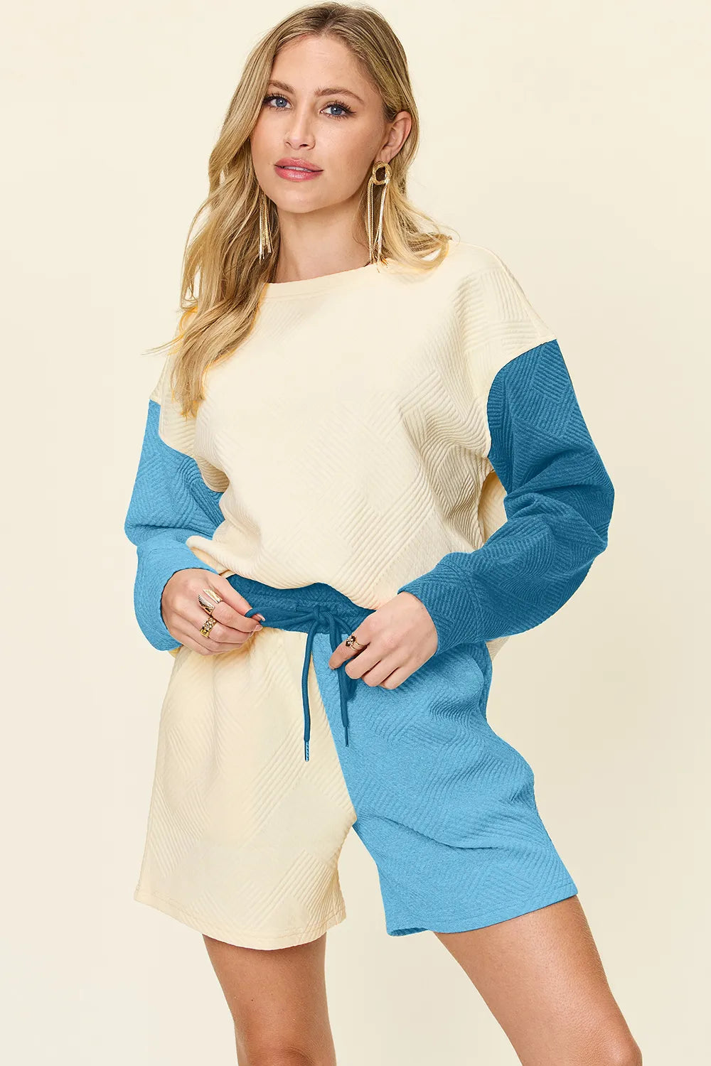 Image of Double Take Full Size Contrast Drop Shoulder Top and Shorts Set | Queeble.shop