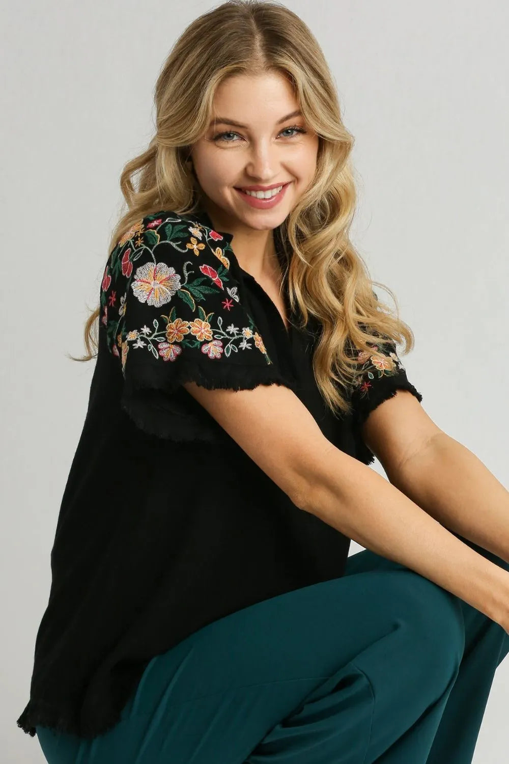 Image of Umgee Full Size Linen Shirt with Embroidered Sleeves Plus Size | Queeble.shop