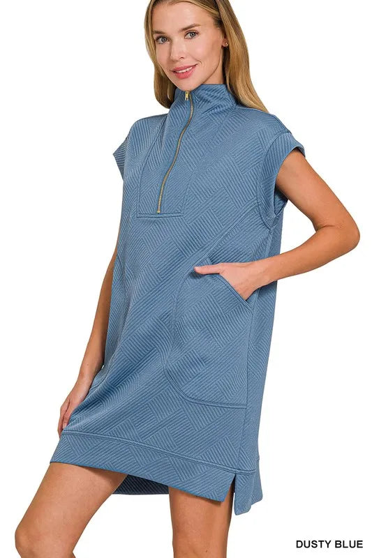 Image of Zenana Textured Knit Jacquard Quarter Zipper Mini Dress | Queeble.shop