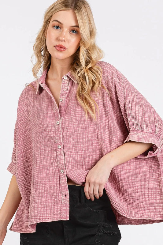 Image of Mittoshop Mineral Wash Gauze Dolman Sleeve Button Down Shirt | Queeble.shop