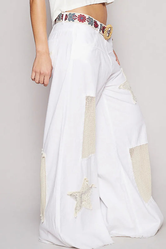 Image of POL Raw Hem Star Patch Wide Leg Pants | Queeble.shop