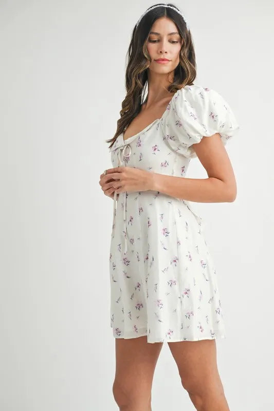 Image of MABLE Floral Print Puff Sleeve Mini Dress | Queeble.shop