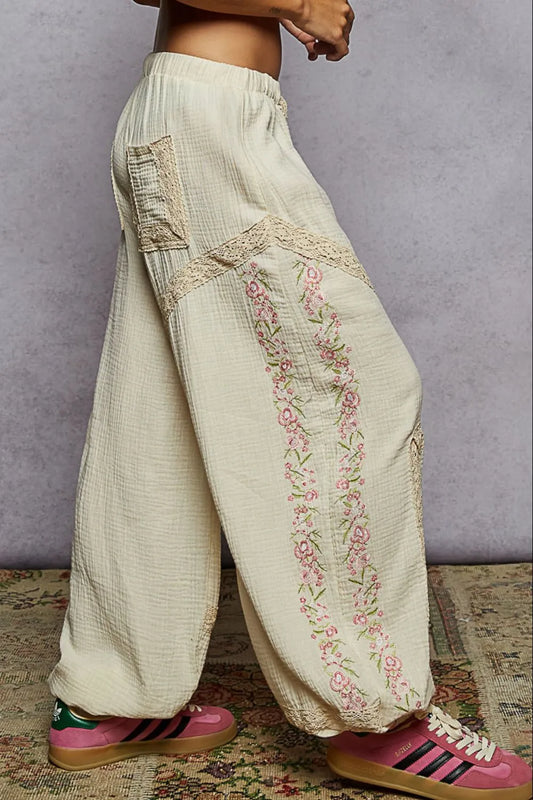 Image of POL Floral Embroidered Drawstring Joggers with Lace Trim | Queeble.shop