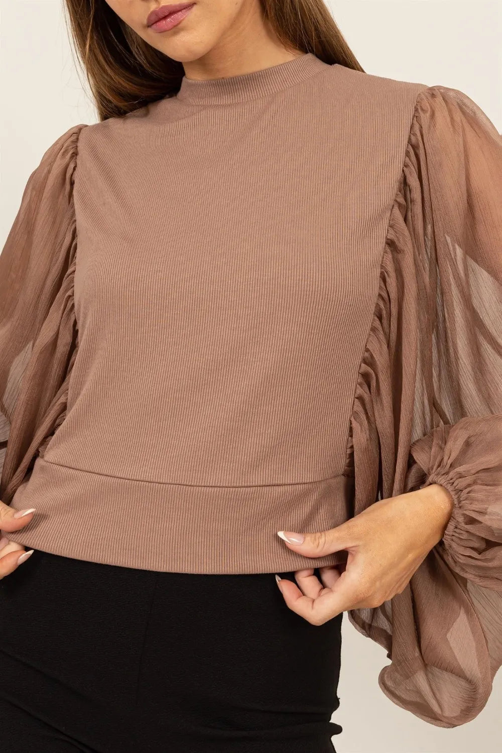 Image of HYFVE Ruched Sheer Long Sleeve Mock Neck Blouse | Queeble.shop