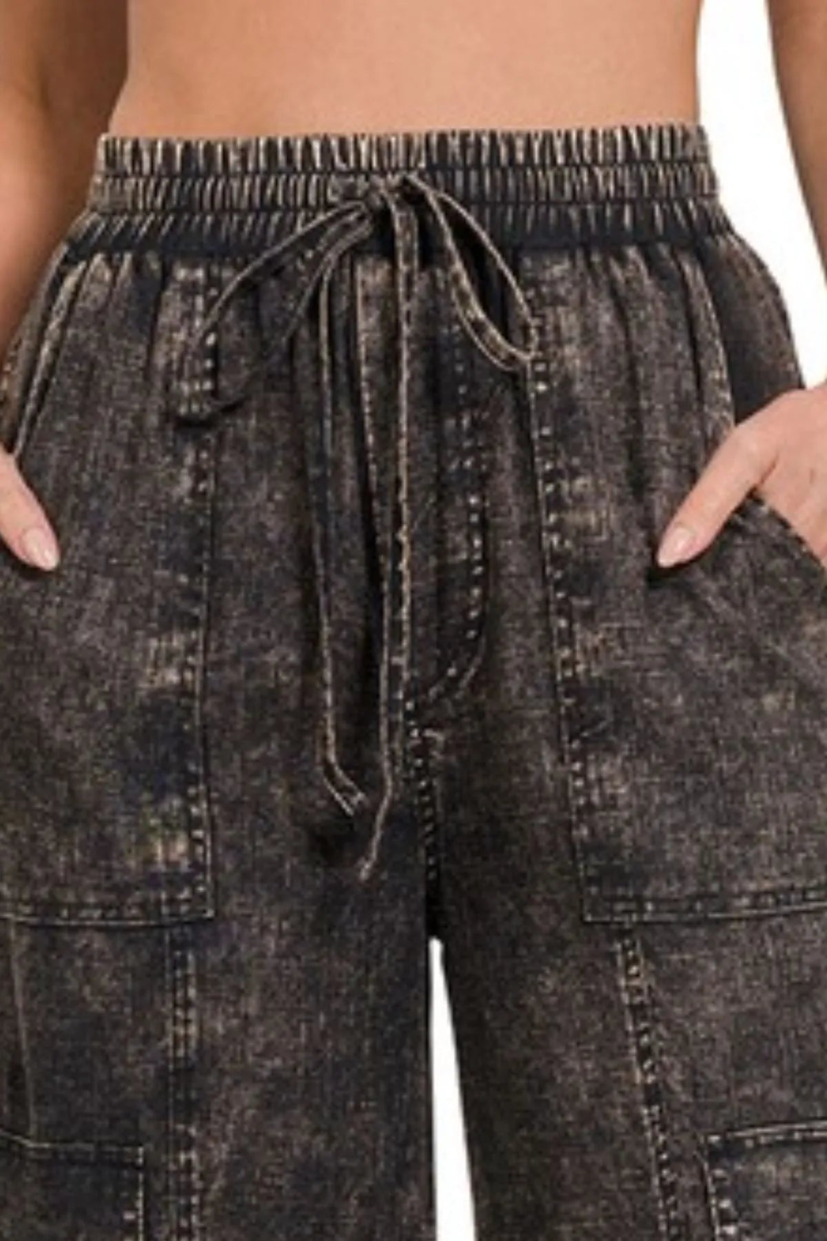 Image of Zenana Washed Linen Elastic Band Waist Cargo Pants | Queeble.shop