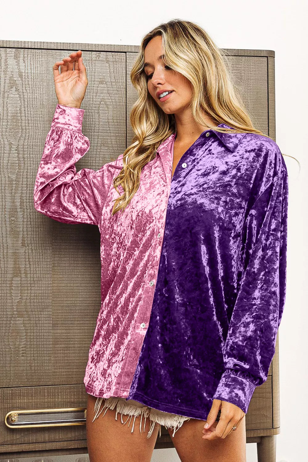 Image of BiBi Contrast Button Up Long Sleeve Shirt | Queeble.shop