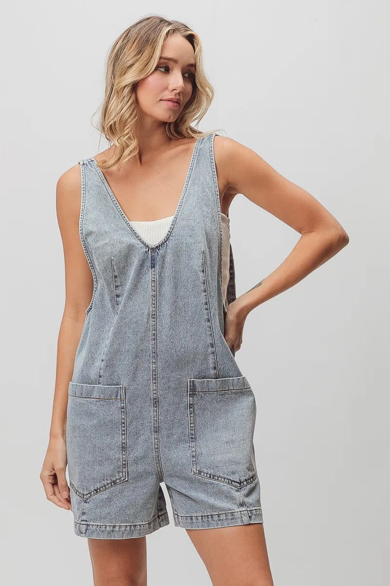 Image of BiBi Patch Vintage Washed Denim Shortall | Queeble.shop