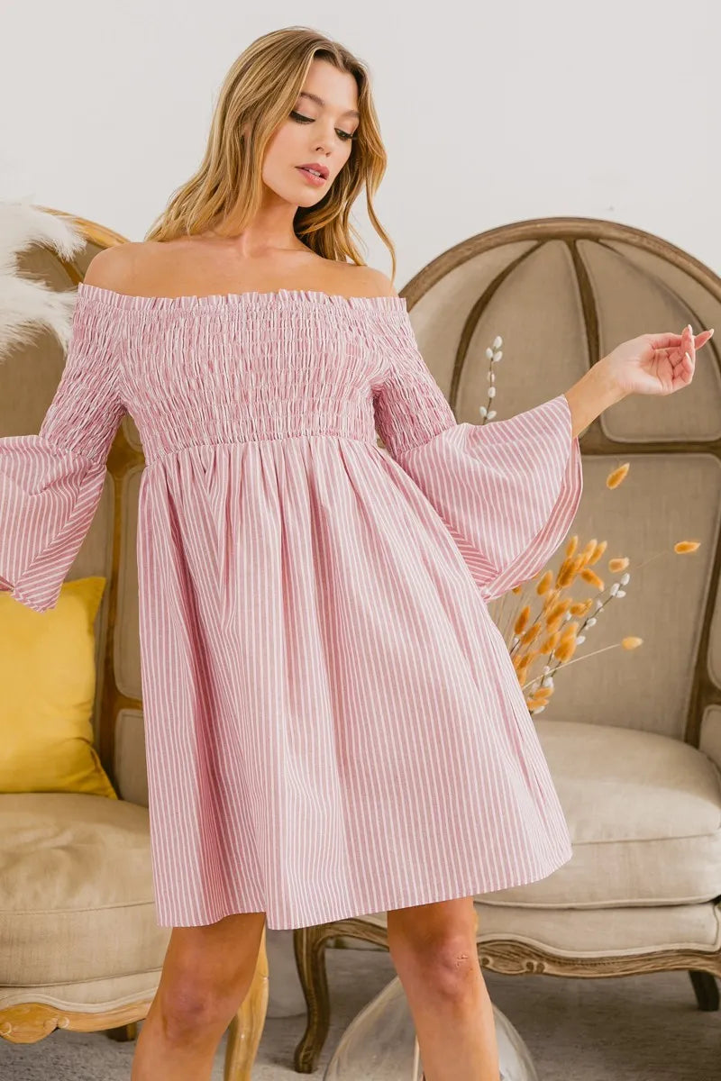 Image of BiBi Smocked Off Shoulder Striped Dress | Queeble.shop