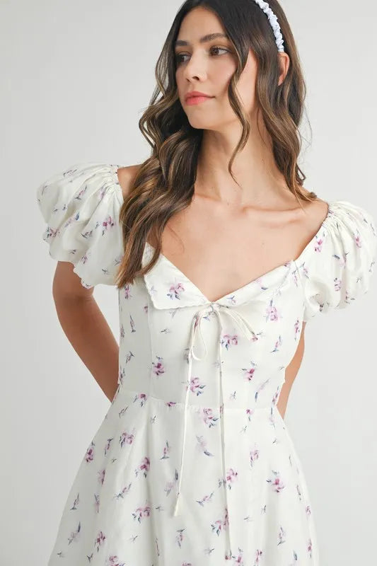 Image of MABLE Floral Print Puff Sleeve Mini Dress | Queeble.shop