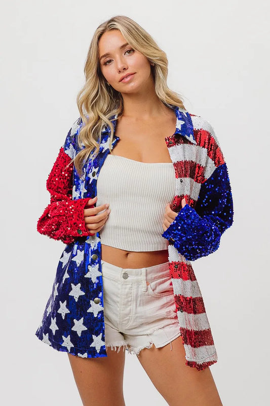 Image of BiBi Velvet Sequin American Flag Shirt | Queeble.shop
