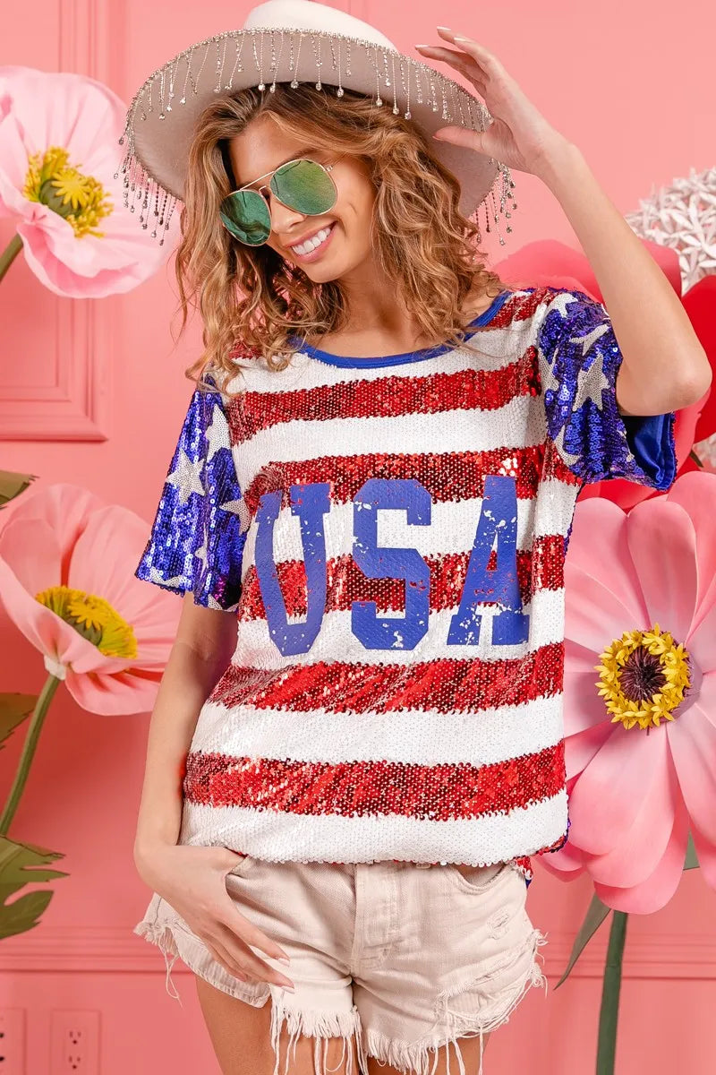 Image of BiBi American Flag Theme USA Lettering Sequin Top | Queeble.shop