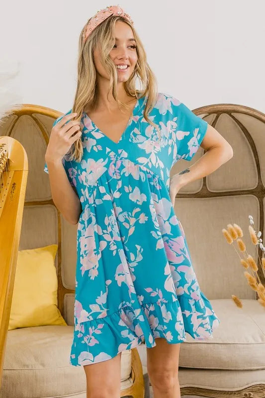 Image of BiBi Floral Crinkle Shirred Ruffle Detail V Neck Dress | Queeble.shop
