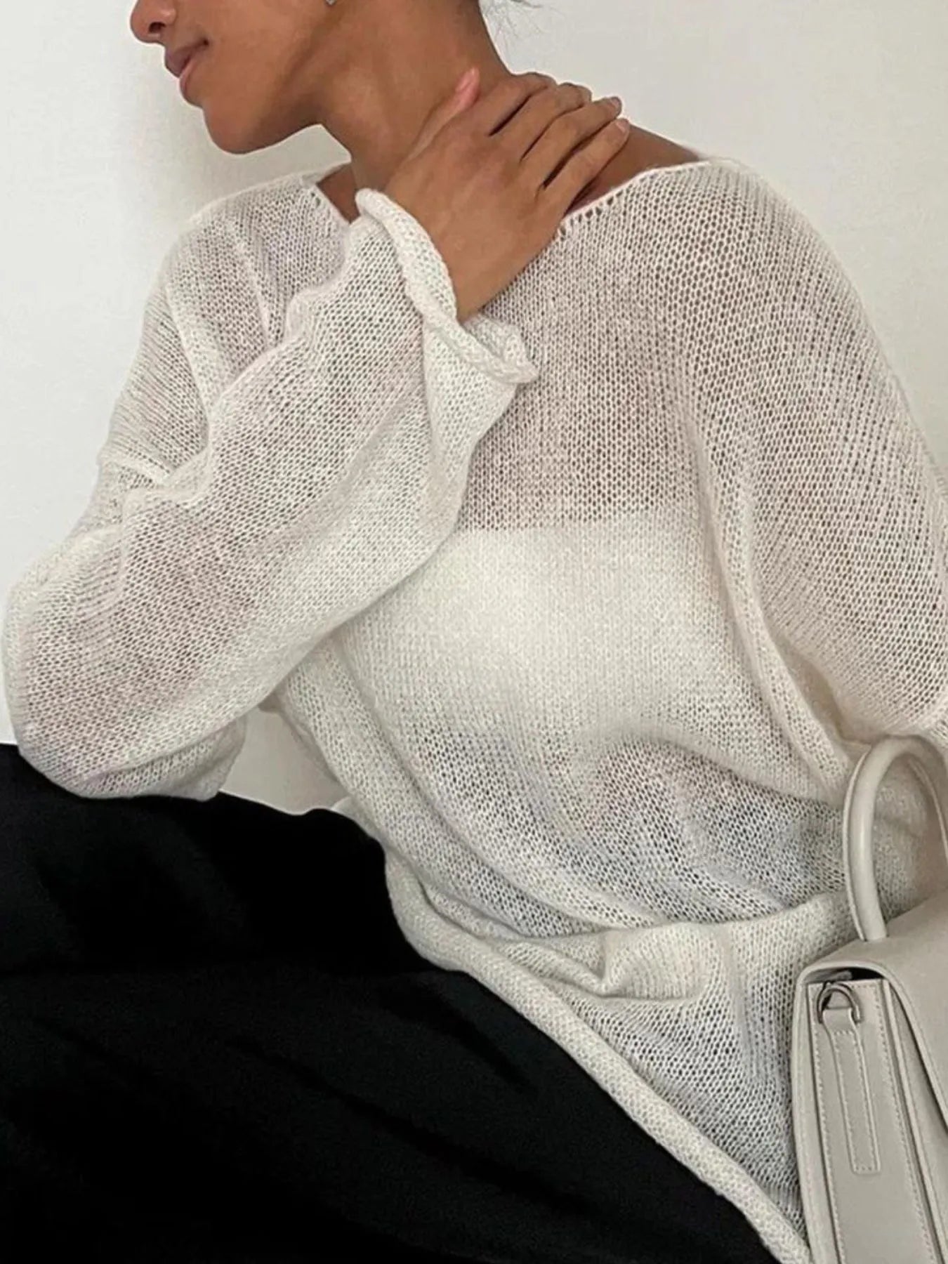 Image of Oversized Drop Shoulder Sheer Knit Top | Queeble.shop