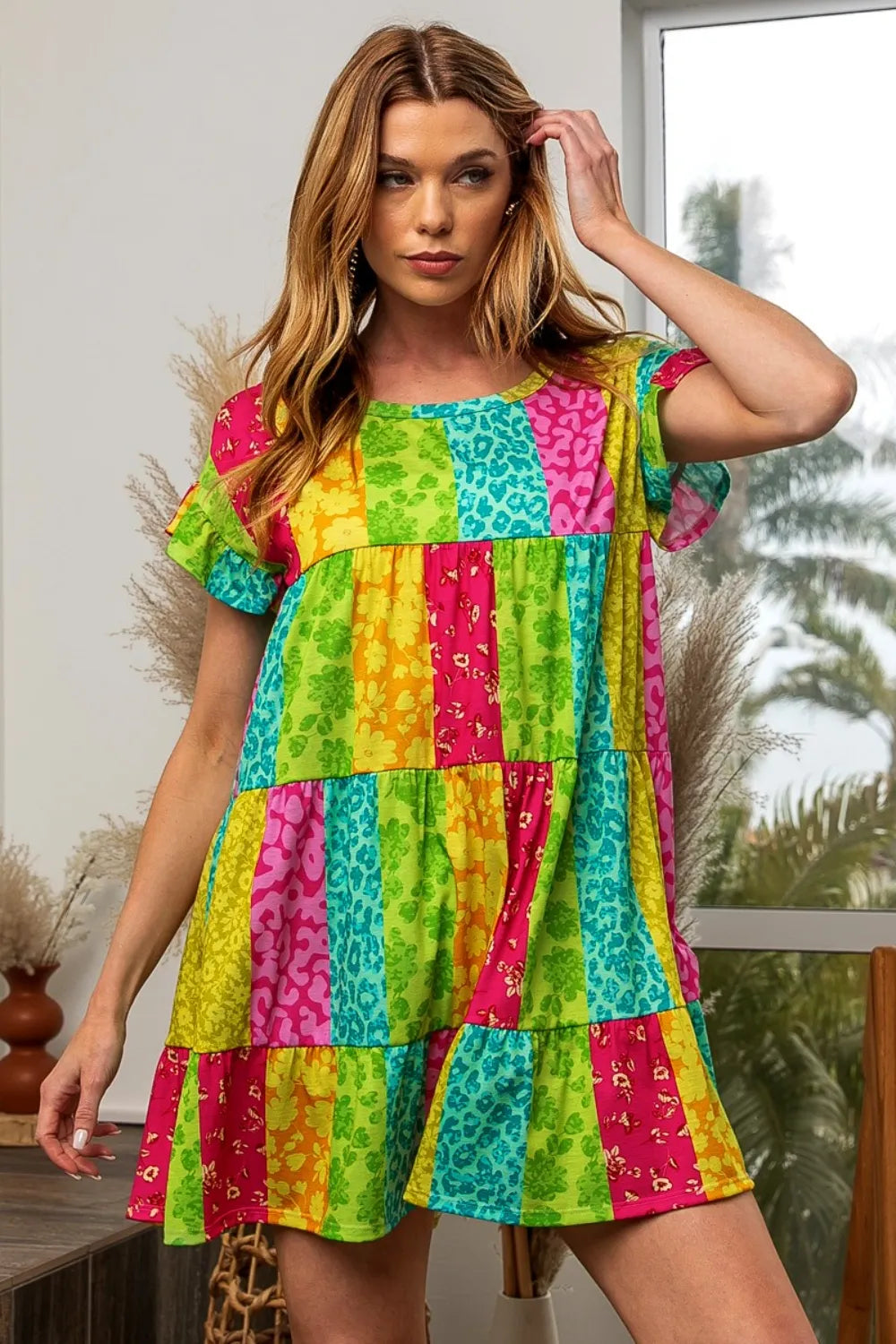 Image of BiBi Leopard Short Sleeve Tiered Dress | Queeble.shop