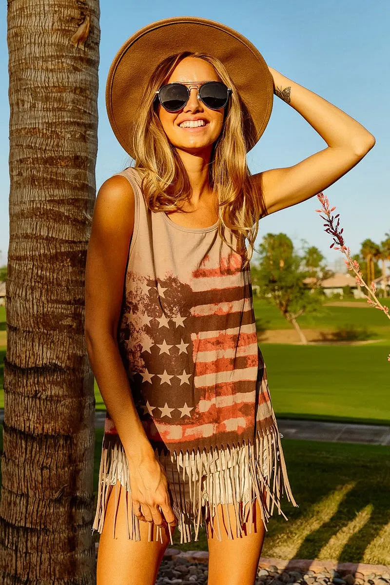 Image of BiBi American Flag Print Knit Sleeveless Top | Queeble.shop