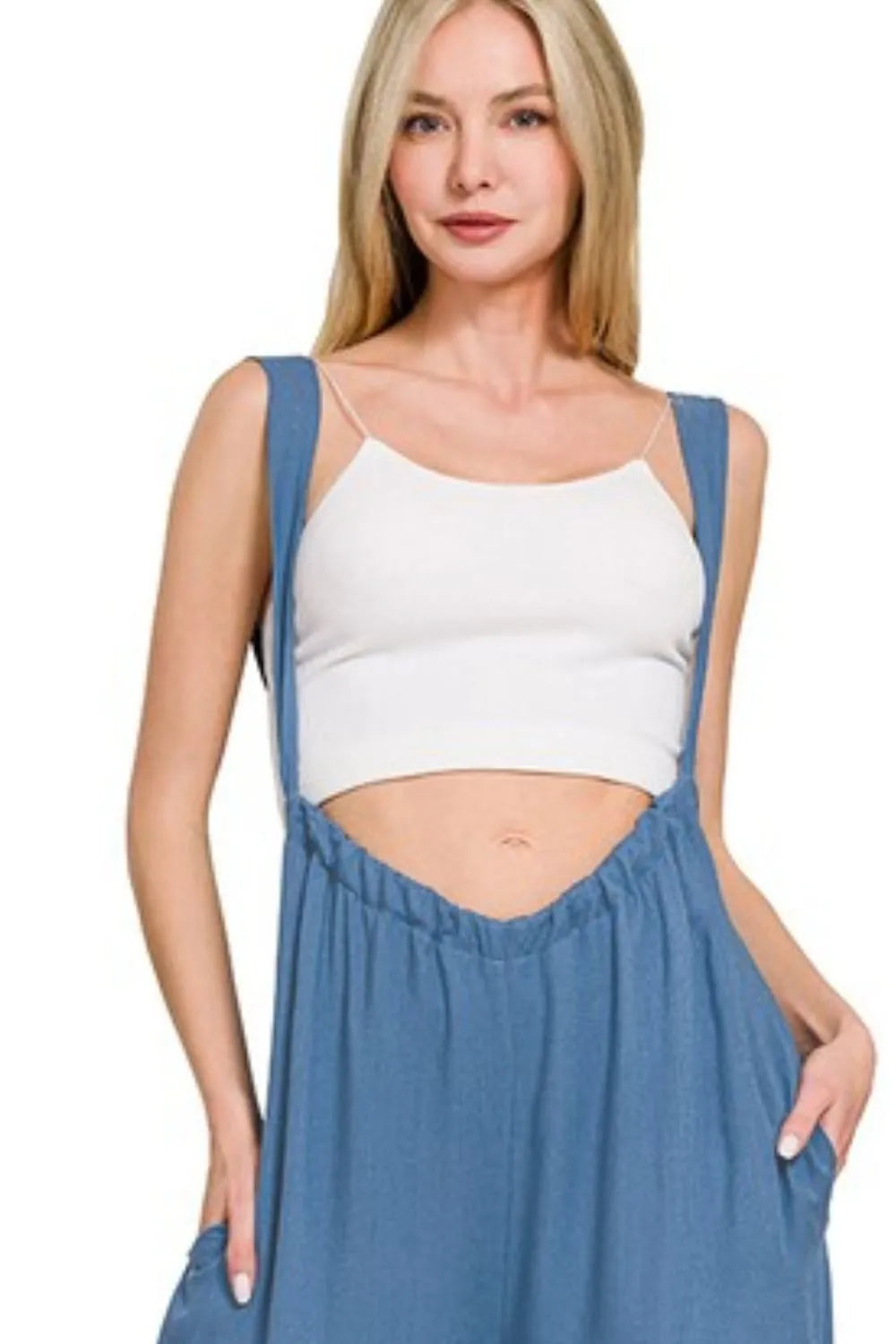 Image of Zenana Woven Tie Back Suspender Jumpsuit | Queeble.shop