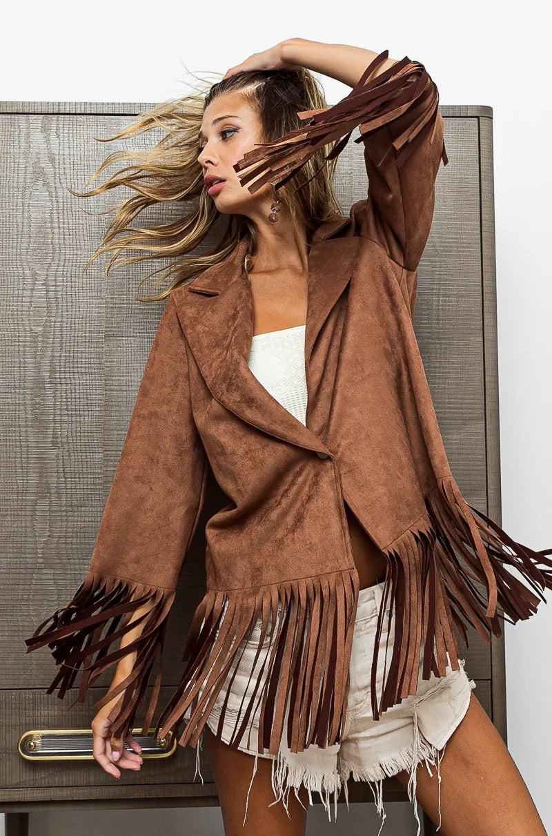 Image of BiBi Suede Single Blazer with Fringed Hem | Queeble.shop