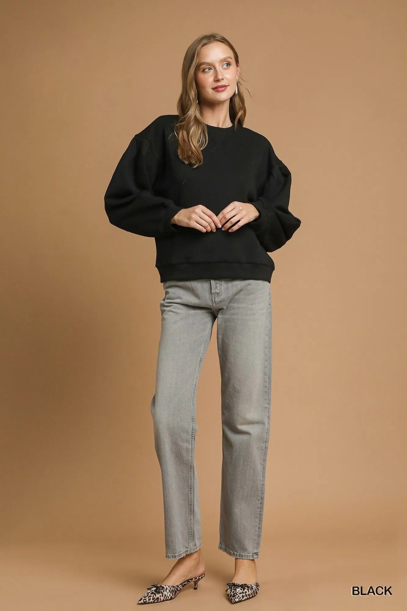 Image of Umgee Round Neck Sweatshirt with Pleated Detail | Queeble.shop