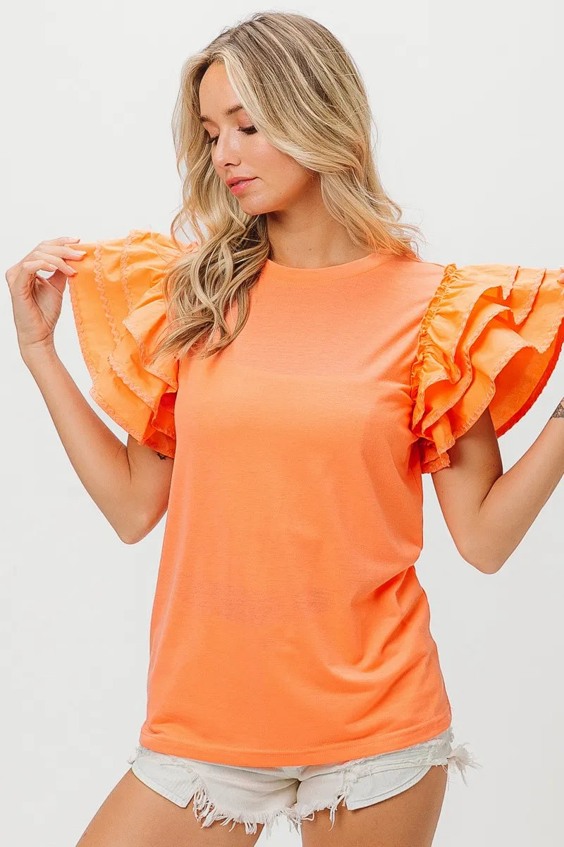 Image of BiBi Knit Top Woven Ruffle Tiered Sleeves | Queeble.shop