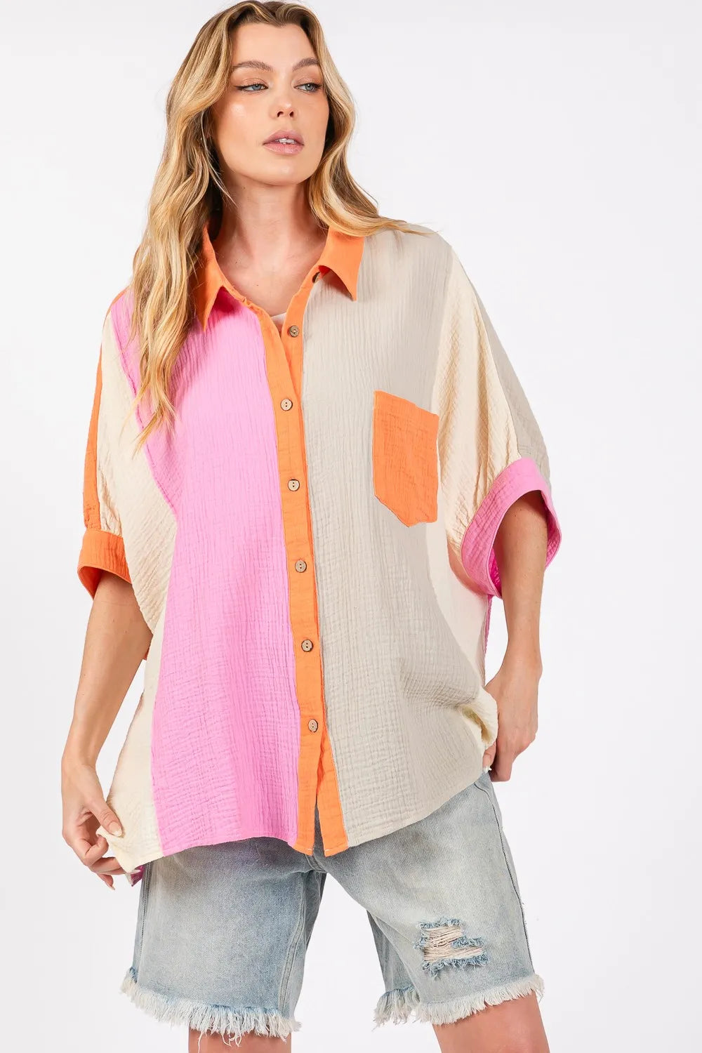 Image of SAGE + FIG Full Size Color Block Button-Down Shirt | Queeble.shop