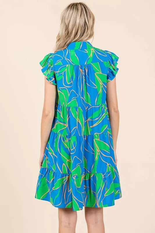 Image of Mittoshop Leaf Print Ruffle Sleeve Tiered Mini Dress | Queeble.shop