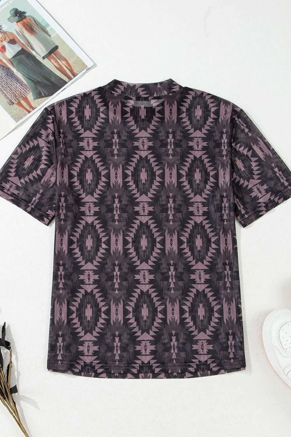 Image of Aztec Print Mock Neck Short Sleeve Mesh T Shirt | Queeble.shop