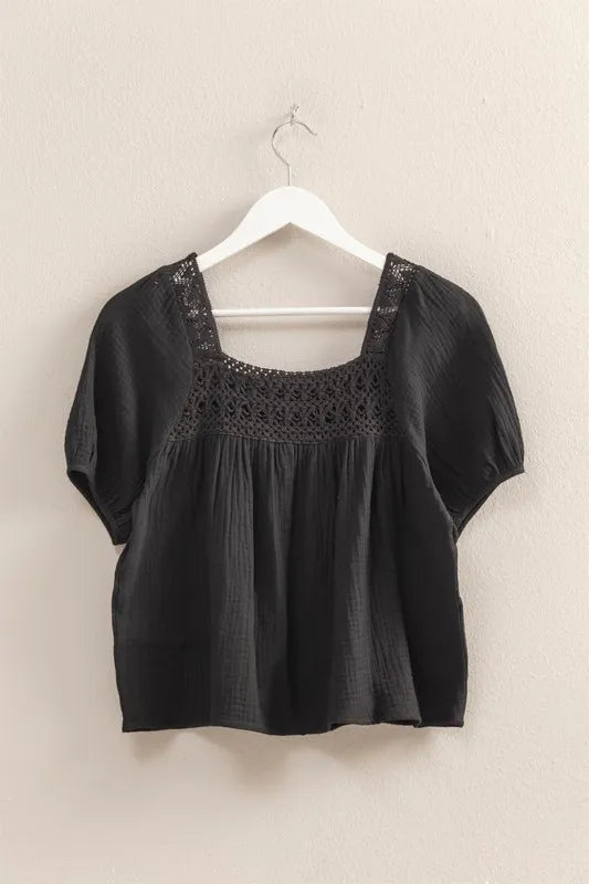 Image of HYFVE Crochet Detail Puff Sleeve Peasant Top | Queeble.shop