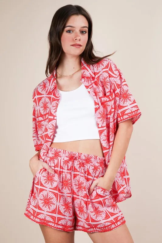 Image of VERY J Full Size Tropical Printed Shirt Top and Shorts Set Plus Size | Queeble.shop