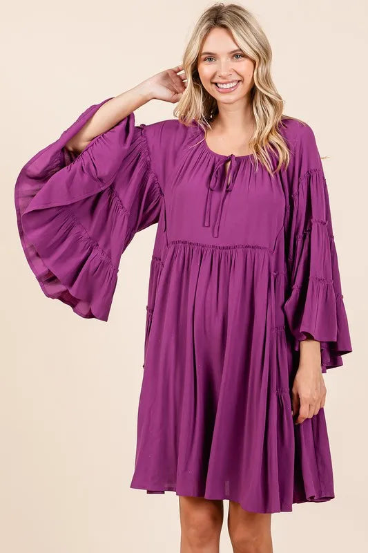 Image of Mittoshop Frill Tie Neck Bell Sleeve Dress | Queeble.shop