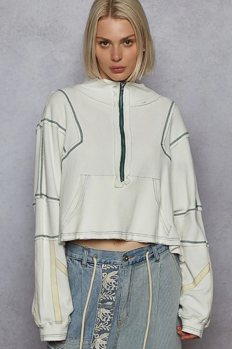 Image of POL Contrast Stitching Zip Front Sweatshirt | Queeble.shop