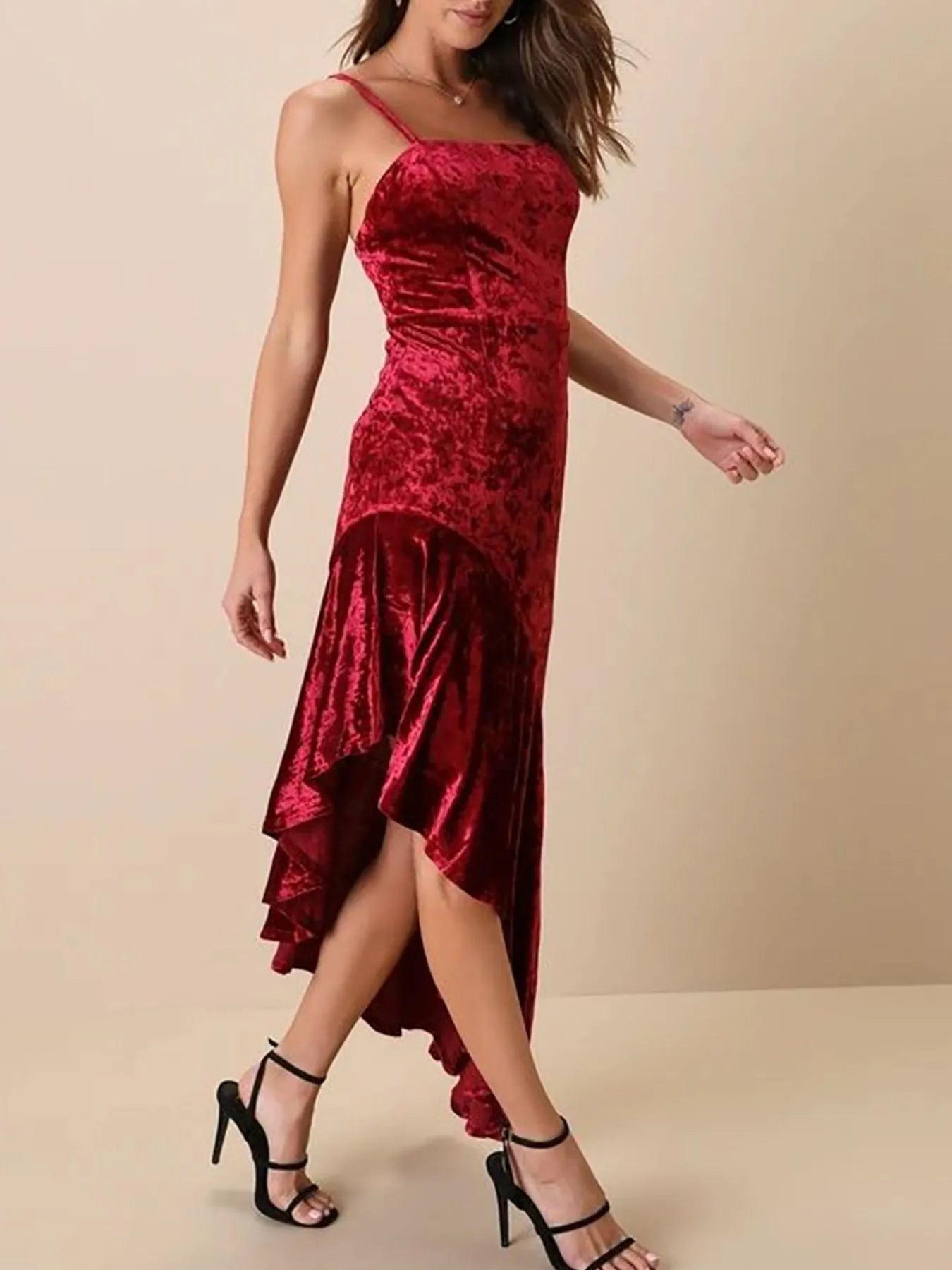 Image of Asymmetrical Velvet Cami Dress with Ruffle Hem | Queeble.shop