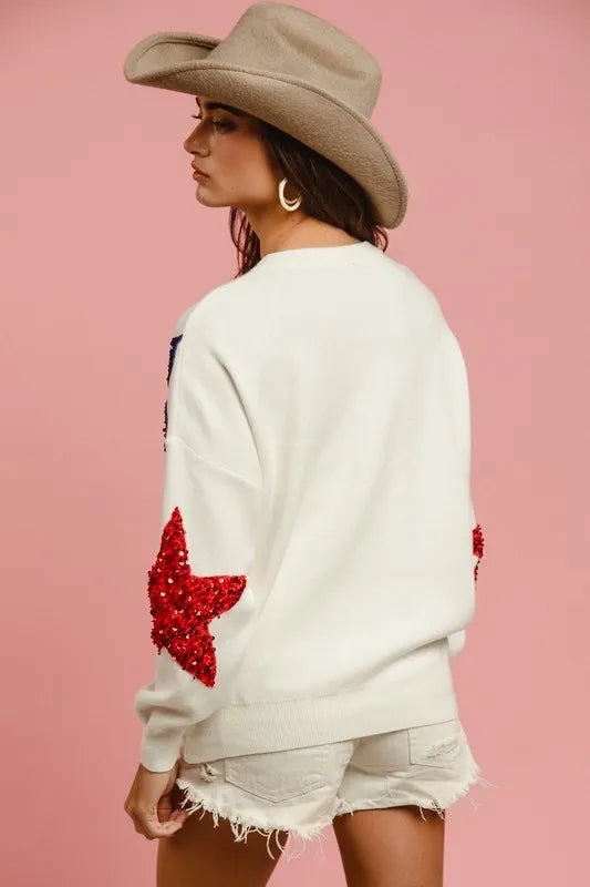 Image of BiBi Velvet Sequin Star Patches Sweater Top | Queeble.shop