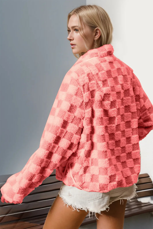 Image of Double Take Checkered Long Sleeve Fuzzy Jacket | Queeble.shop