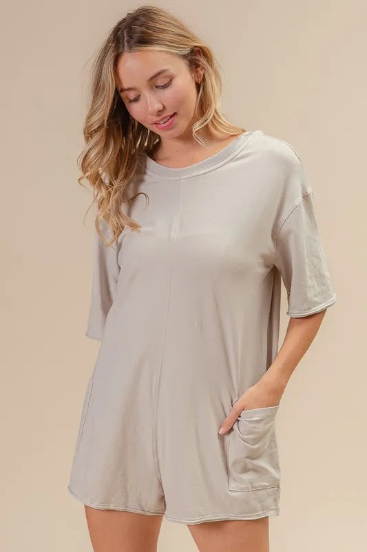 Image of BiBi Short Sleeve Back Open Washed Romper | Queeble.shop