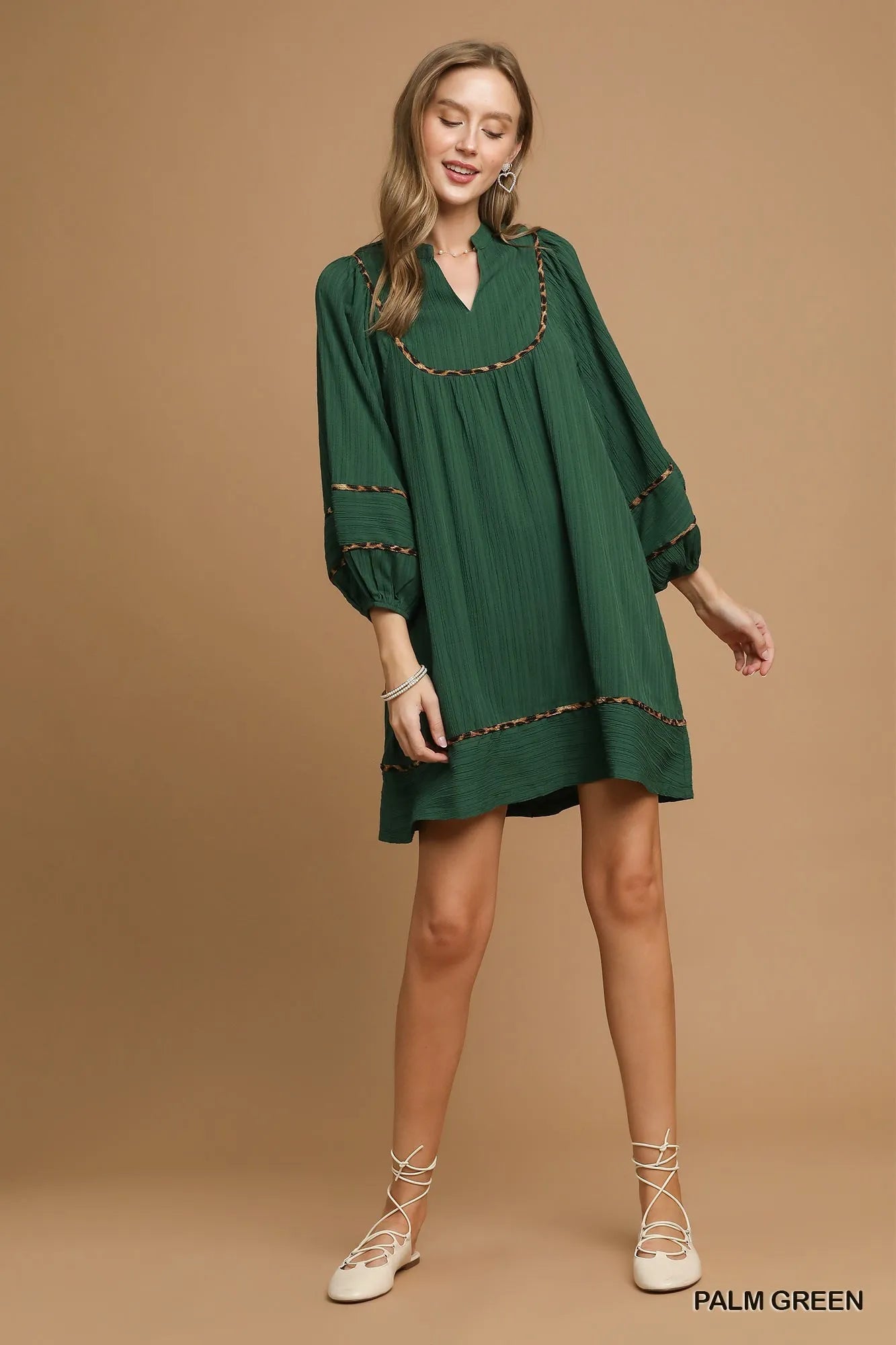 Image of Umgee Textured Babydoll Dress with Leopard Trim | Queeble.shop