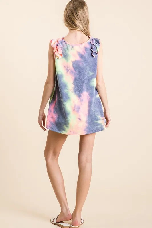 Image of BiBi Tie Dye French Terry V Neck Top with Ruffle | Queeble.shop