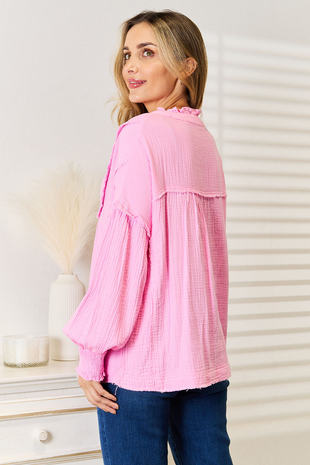 Image of Double Take Exposed Seam Buttoned Notched Neck Blouse | Queeble.shop