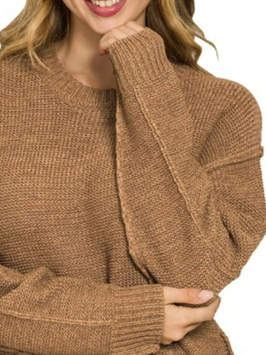 Image of Zenana Exposed Seam Round Neck Sweater | Queeble.shop